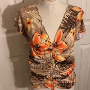 Sexy floral low cut top with drawstring at bottom
